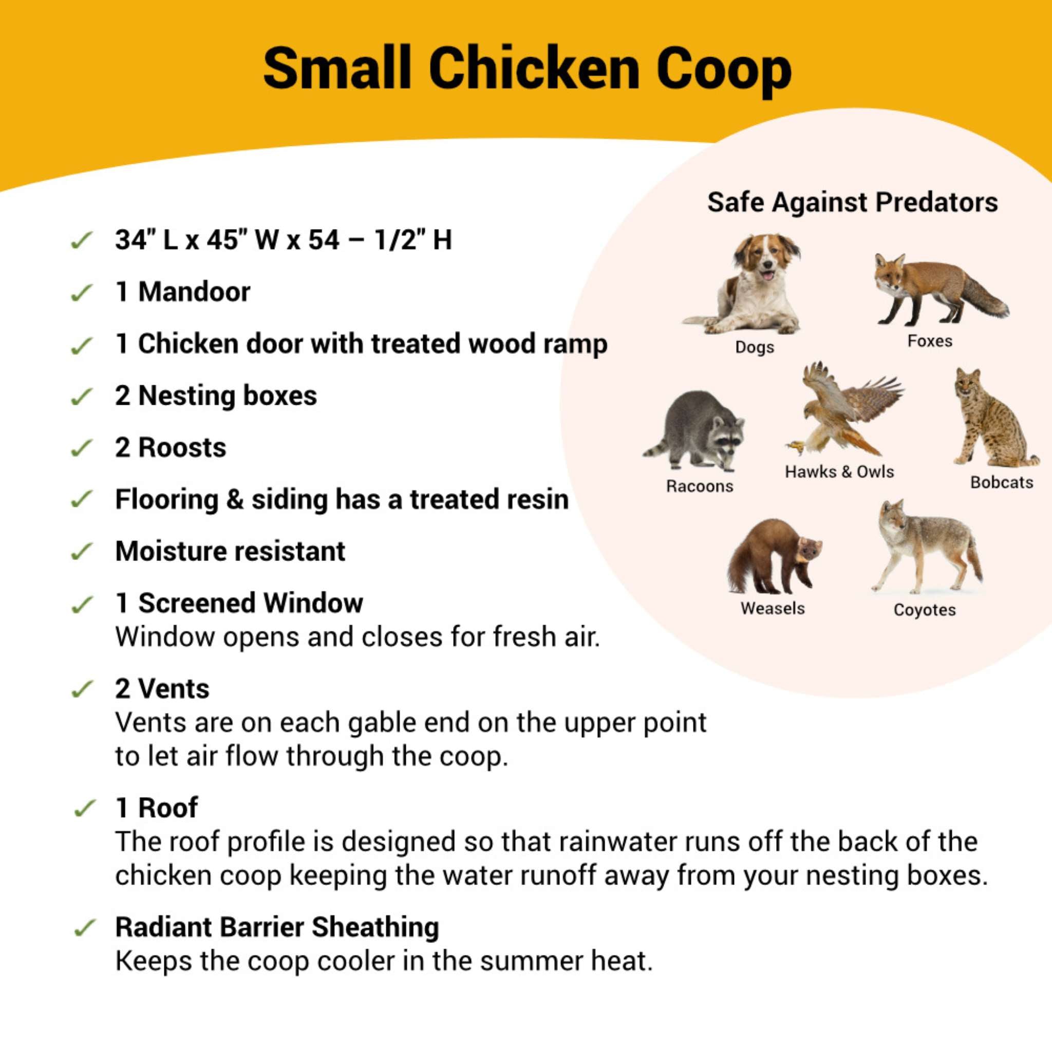 Hatching Time OverEZ Small chicken coop infographic shows coop is safe against predators. dimensions and details are also shown in image for small chicken coop.