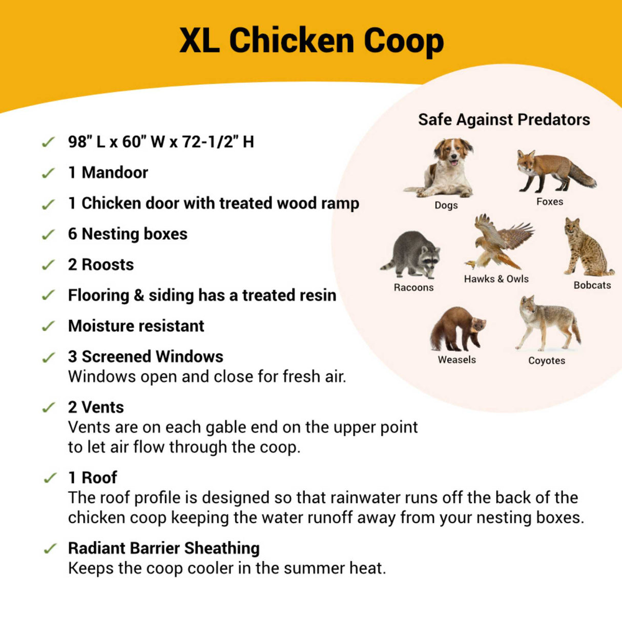 Hatching Time OverEZ XL chicken coop infographic shows coop is safe against predators. dimensions and details are also shown in image for XL chicken coop.