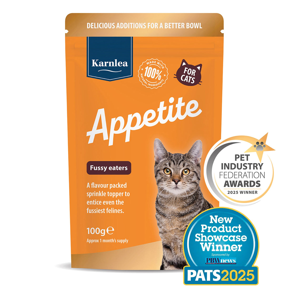 Karnlea Appetite cat food package with a cat on an orange background