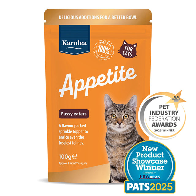Karnlea Appetite cat food package with a cat on an orange background
