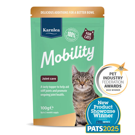 Karnlea Mobility supplement container for cats with joint support badges
