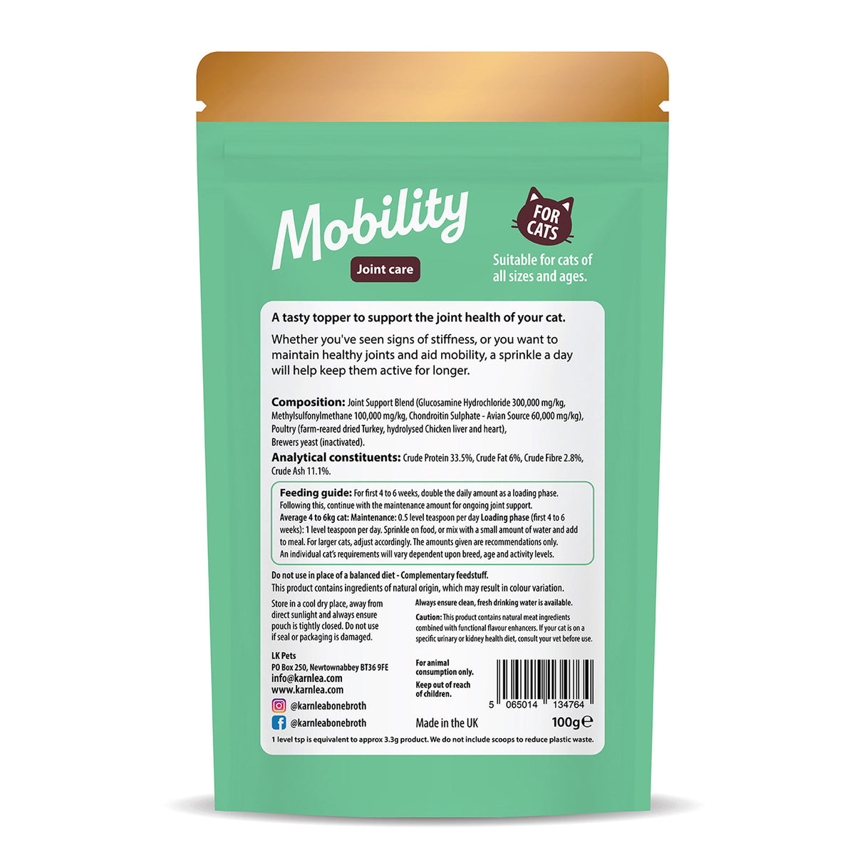 Karnlea Mobility cat supplement facts label on product packaging