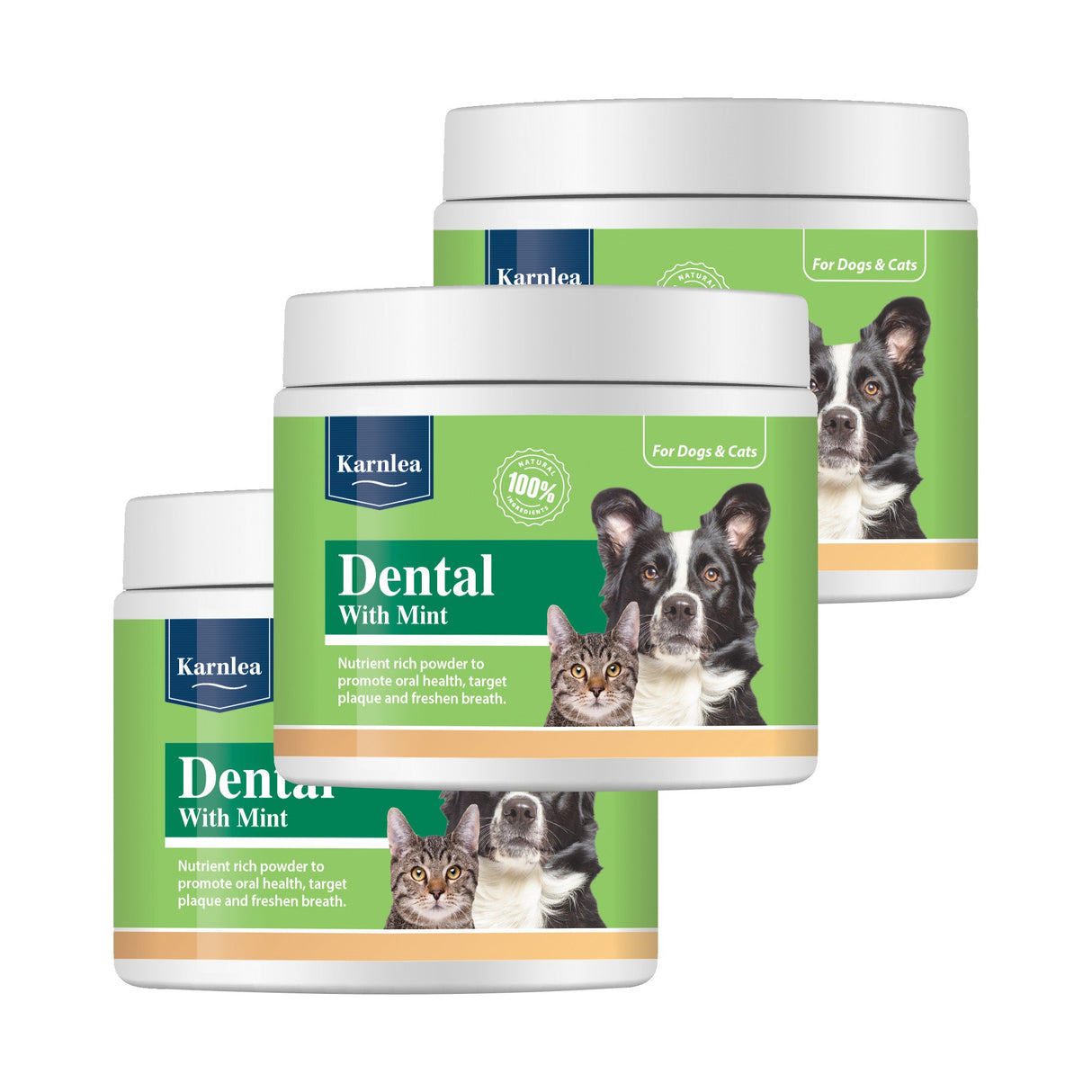 Three-pack Karnlea dental powder containers for dogs and cats
