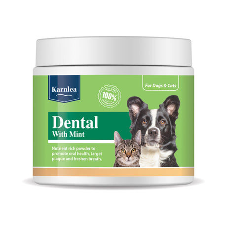 Karnlea dental powder container for dogs and cats on white background