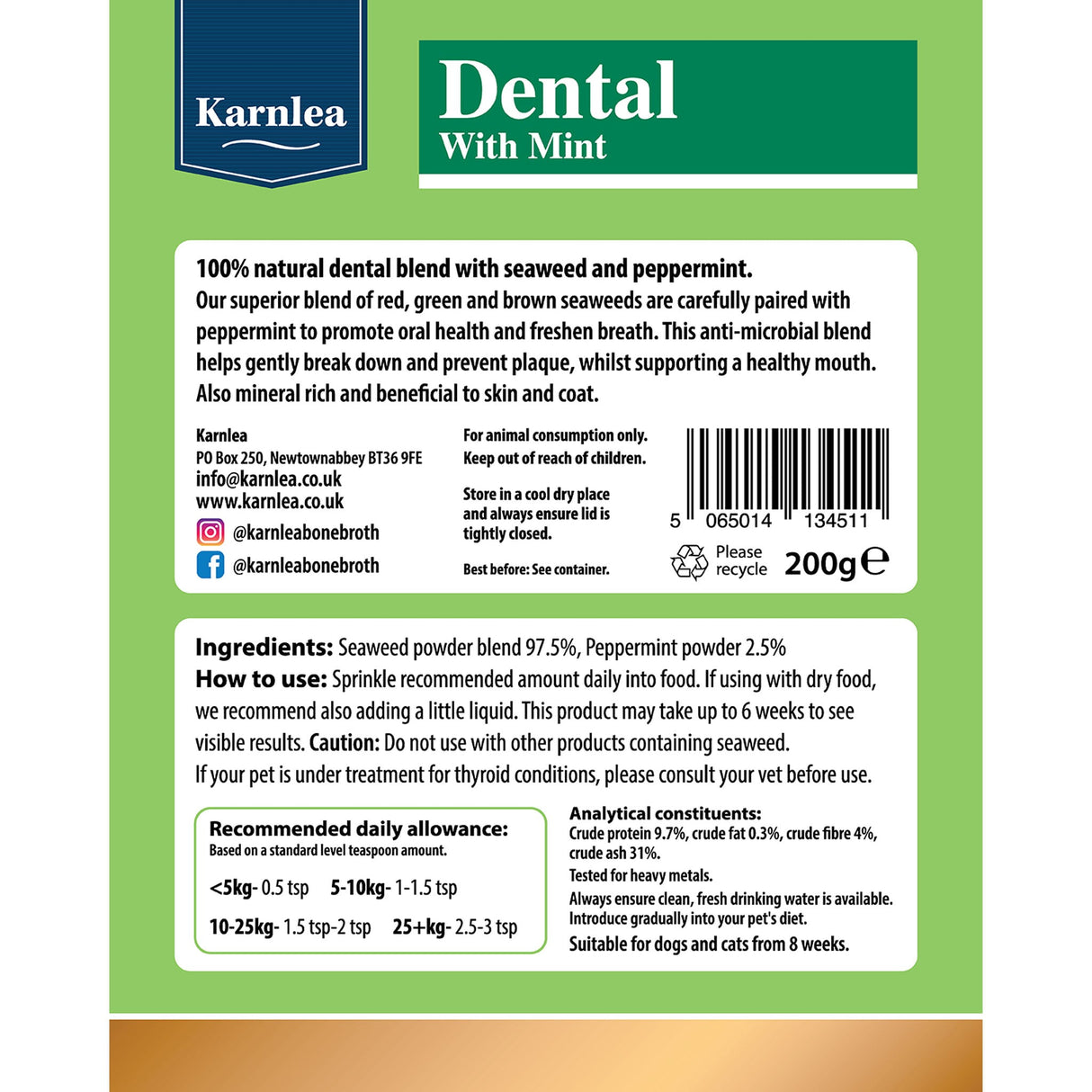 Karnlea dental powder supplement facts label on product packaging