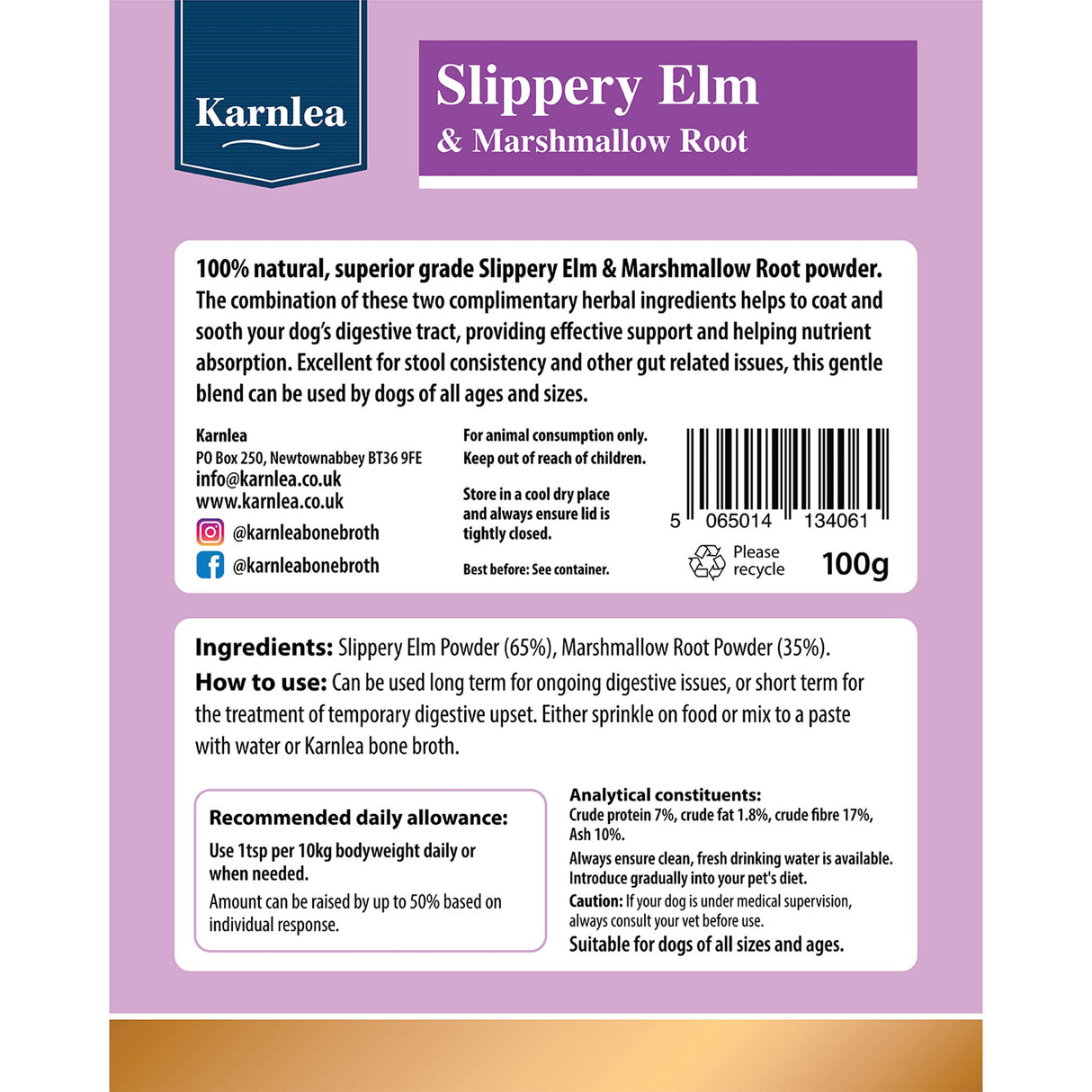 Karnlea Slippery Elm supplement facts label on container