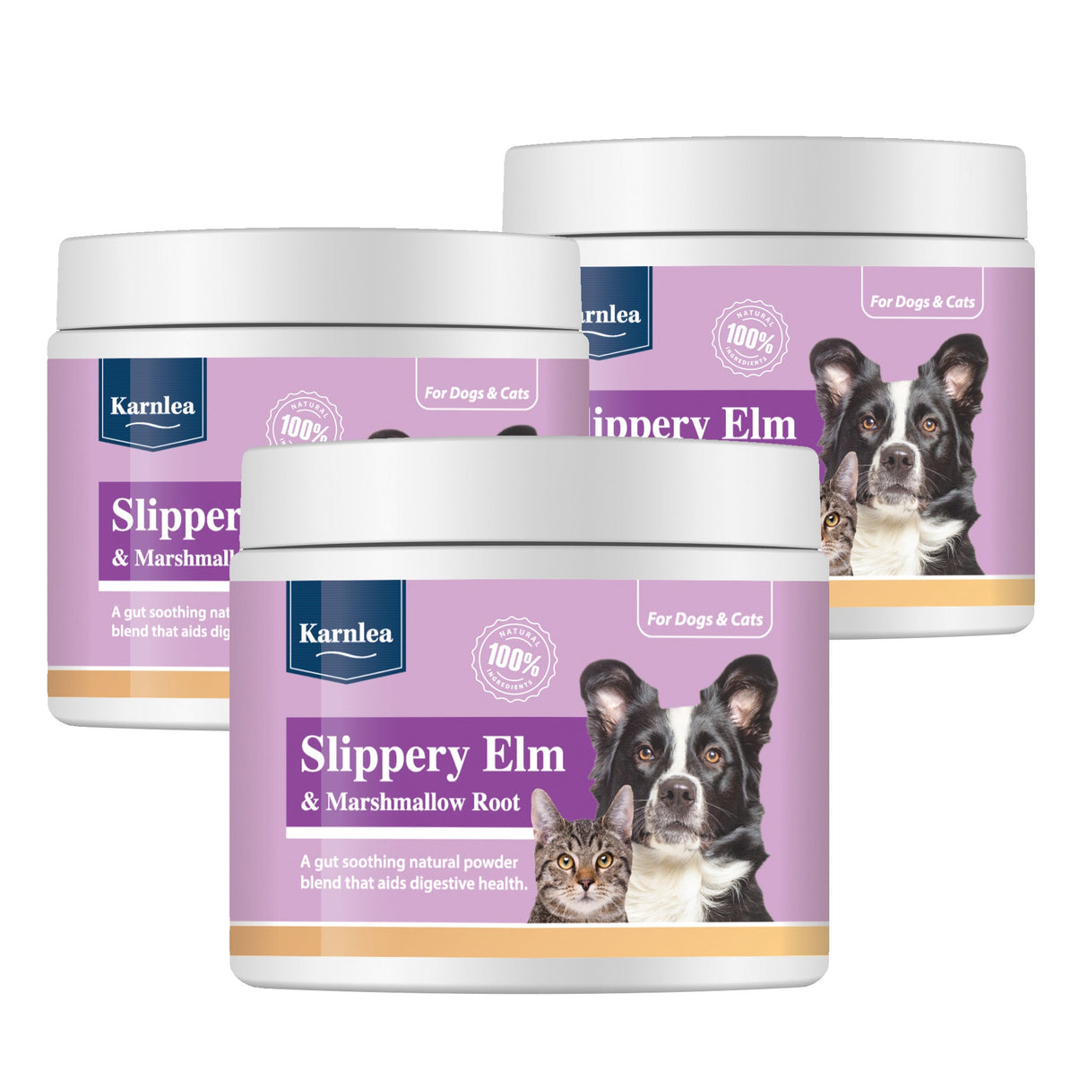Three-pack Karnlea Slippery Elm supplement containers for dogs and cats