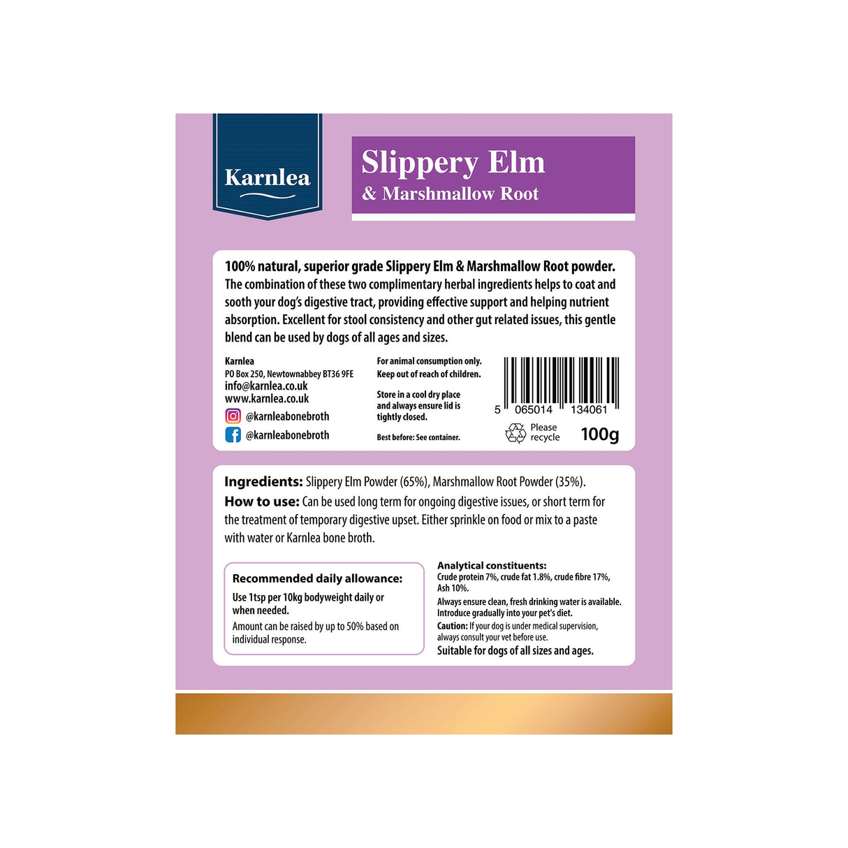 Karnlea Slippery Elm supplement facts label on product packaging