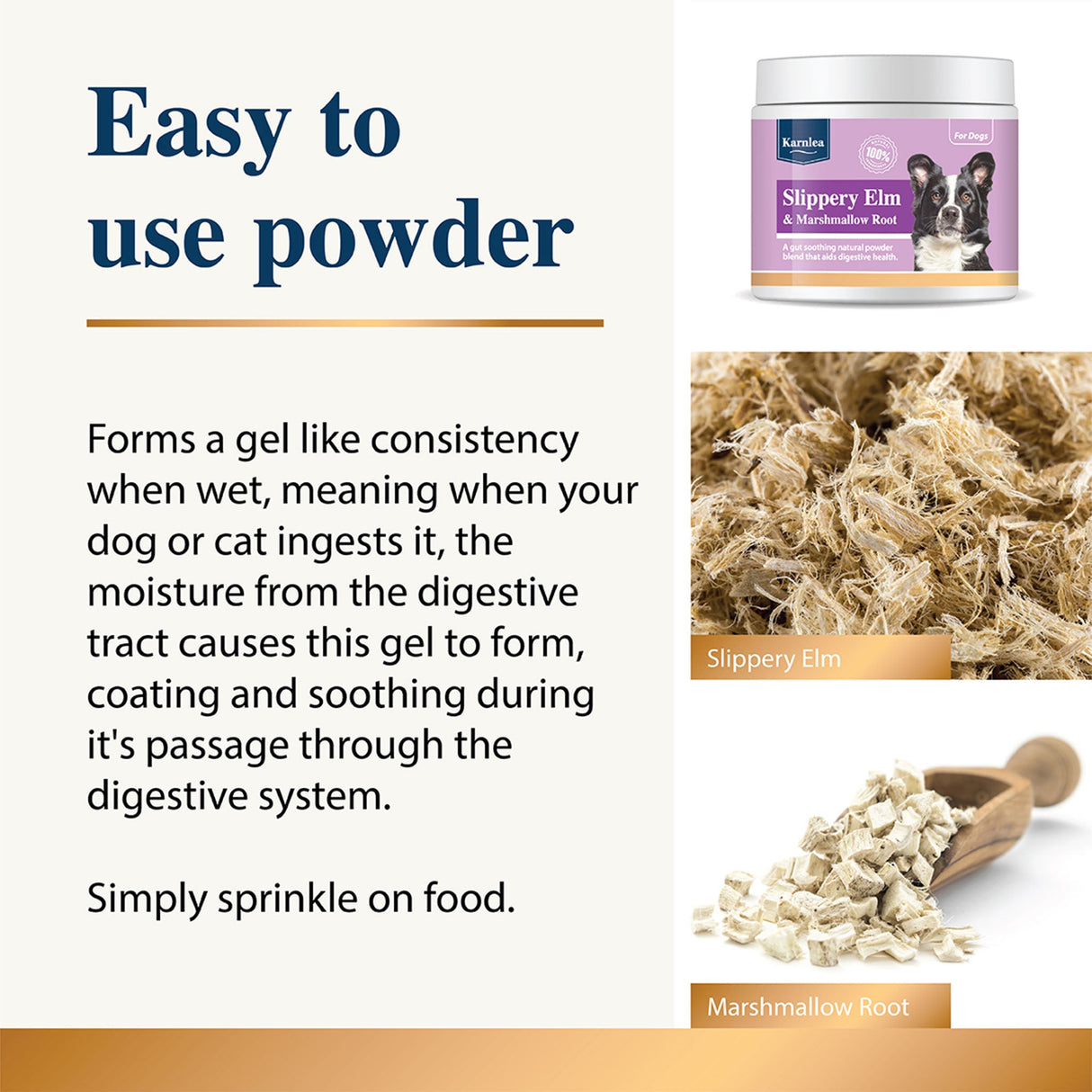 Karnlea Slippery Elm powder graphic showing easy to use powder for pets