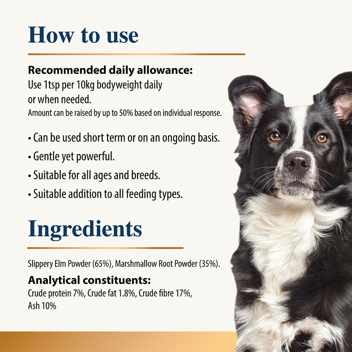Karnlea Slippery Elm graphic explaining how to use the supplement for pets