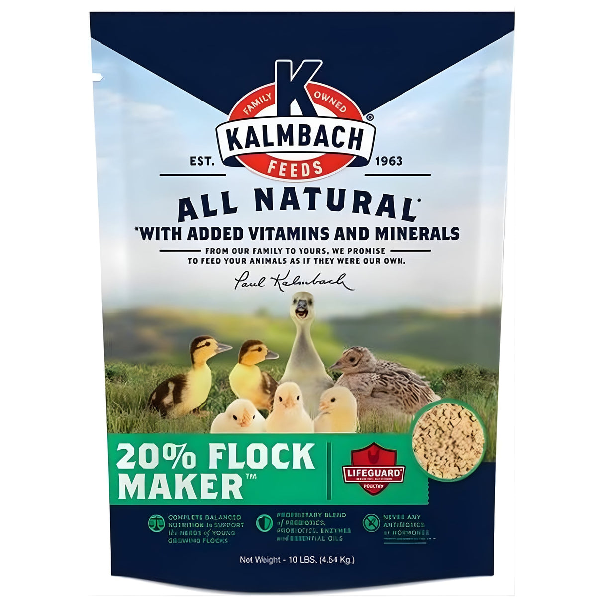 Kalmbach Feeds All Natural Flock Maker package with ducks on a grassy field background
