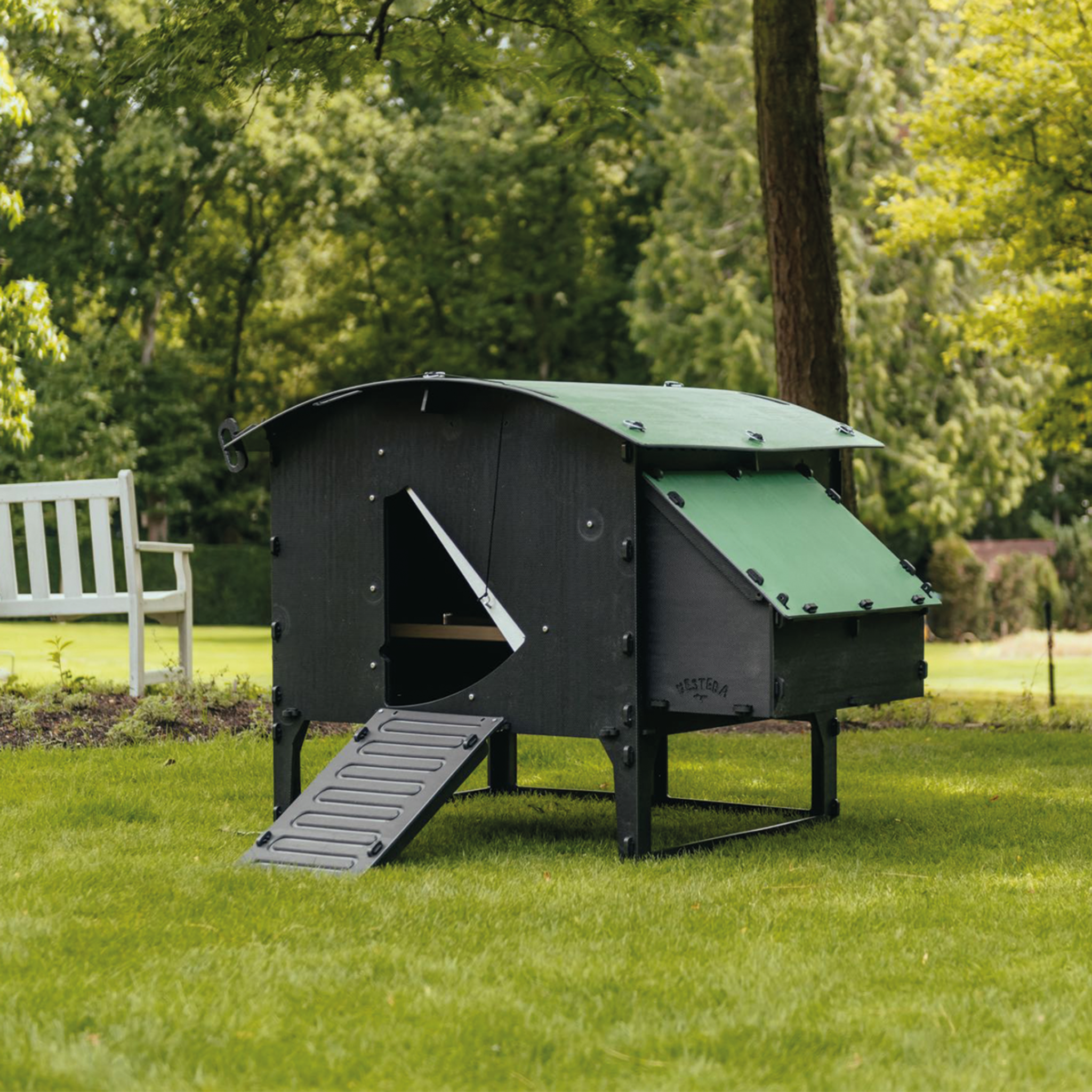 Hatching Time Nestera. Large Lodge coop can be seen in image on grass. Coop has door open with automatic coop opener. Ramp is leading up to opening for easy chicken access. Nesting box is on side connected to chicken coop, with lifting door for easy egg access. Roof of coop is slanted to prevent roosting.