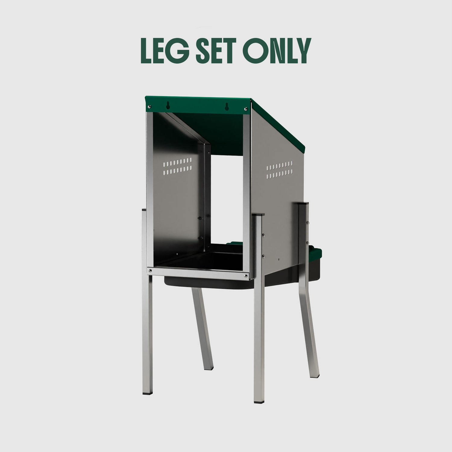 Galvanized nesting box mounted on leg set showing elevated design for better egg hygiene and easy coop access