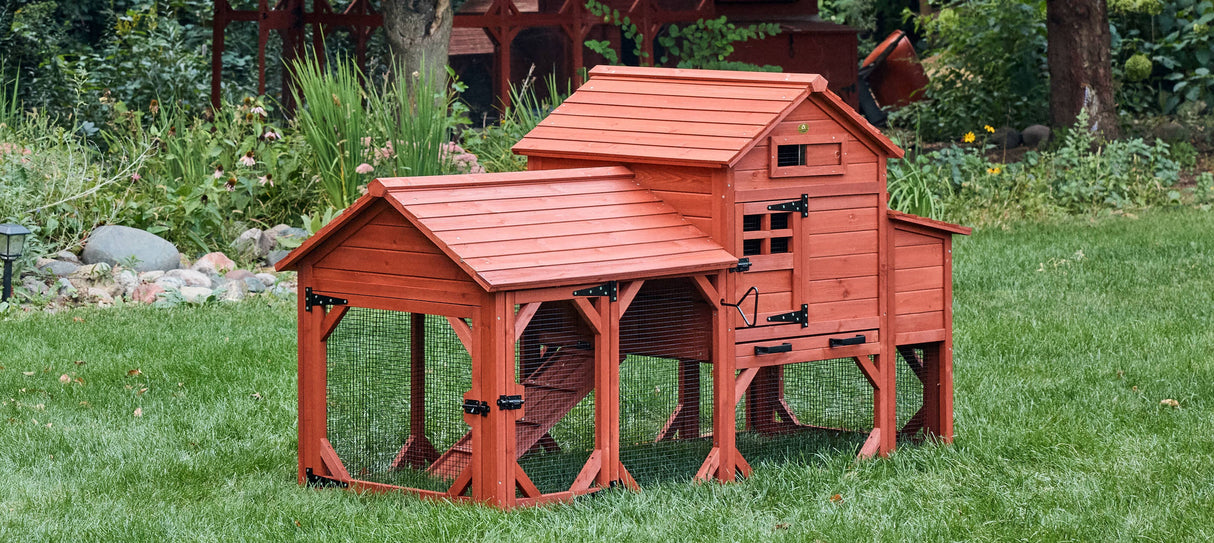 Leghorn Cottage chicken coop with attached run and red wooden shelter