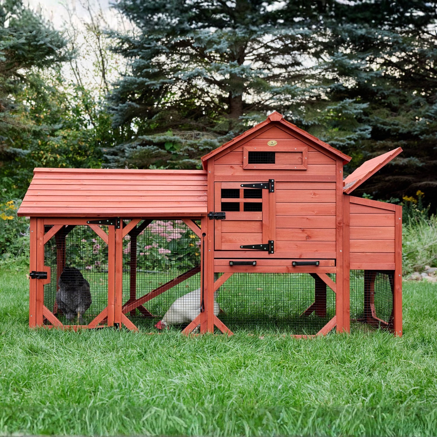 Leghorn Cottage chicken coop side view with enclosed run and nesting area