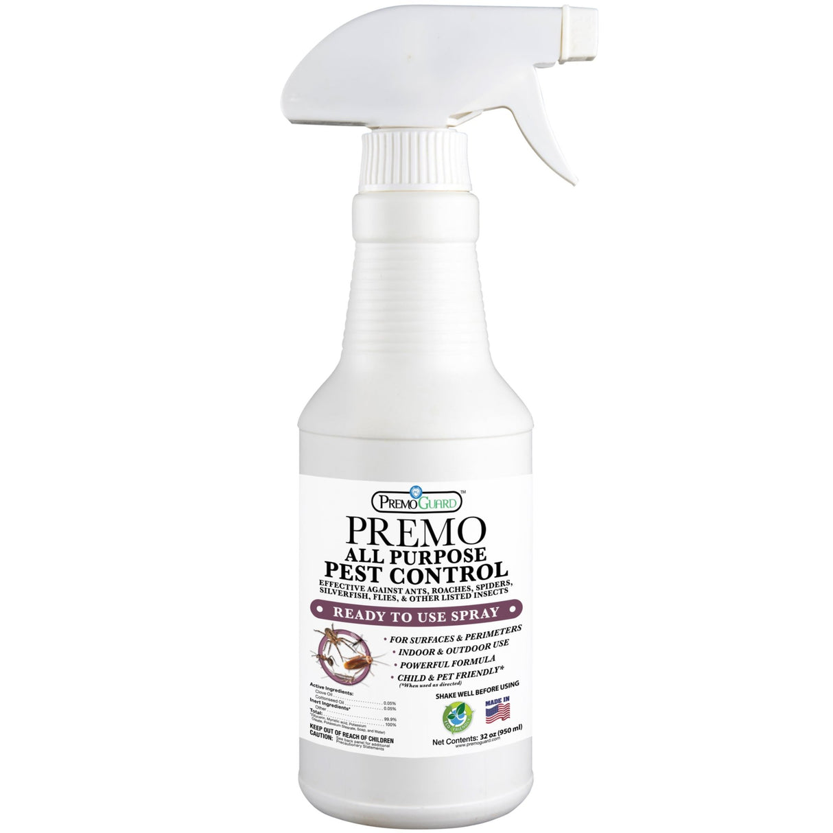 Hatching Time Premo. All purpost pest control spray bottle is seen in image with spray nozzle. Pet friendly pest control.
