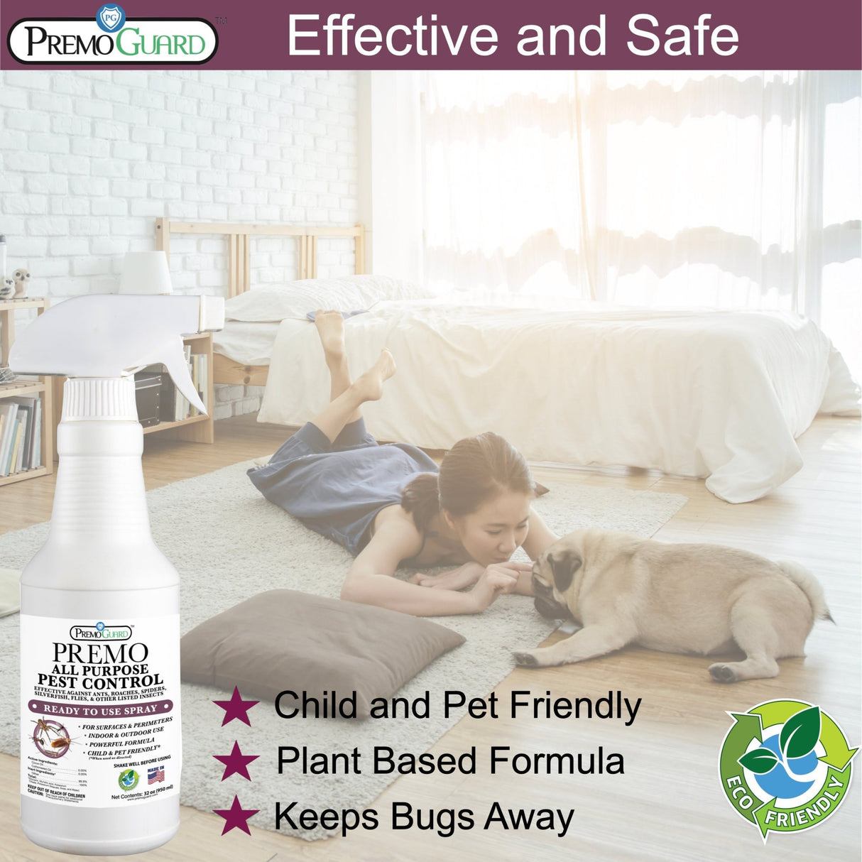 Hatching Time Premo. Effective and safe all purpose pest control bottle can be seen. there is a dog in the background with a girl to show the child and pet friendly formula.