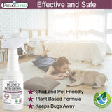 Hatching Time Premo. Effective and safe all purpose pest control bottle can be seen. there is a dog in the background with a girl to show the child and pet friendly formula.