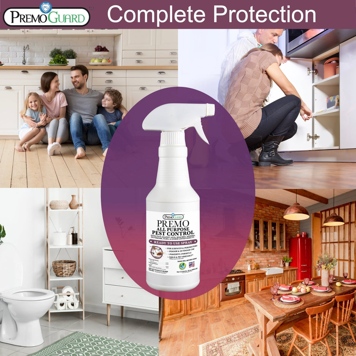 Hatching time Premo. All purpose pest control bottle in image. Kitchen, bathroom and dining room images can be seen.