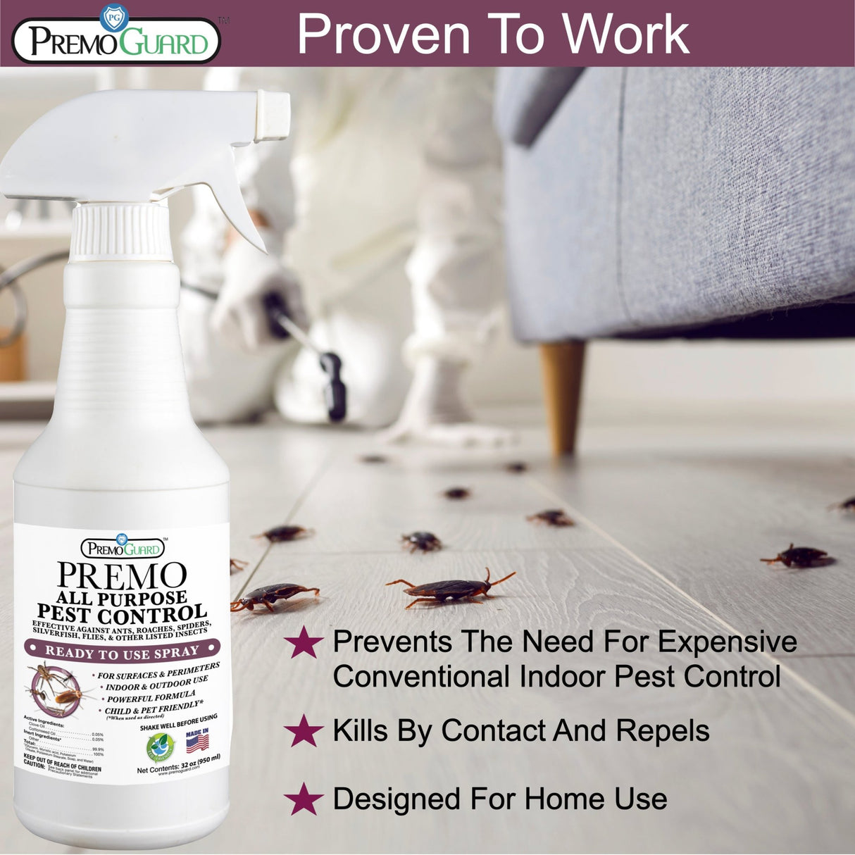 Hatching Time Premo. All purpose pest control bottle is seen with a background of a living room with roaches on the floor.