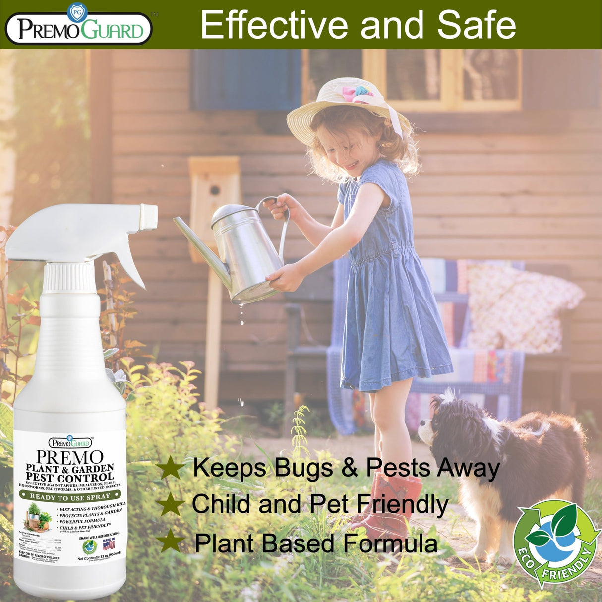 Hatching Time Premo. Plant & Garden Pest Control bottle can be seen in front of garden with child and dog to show safe to use.