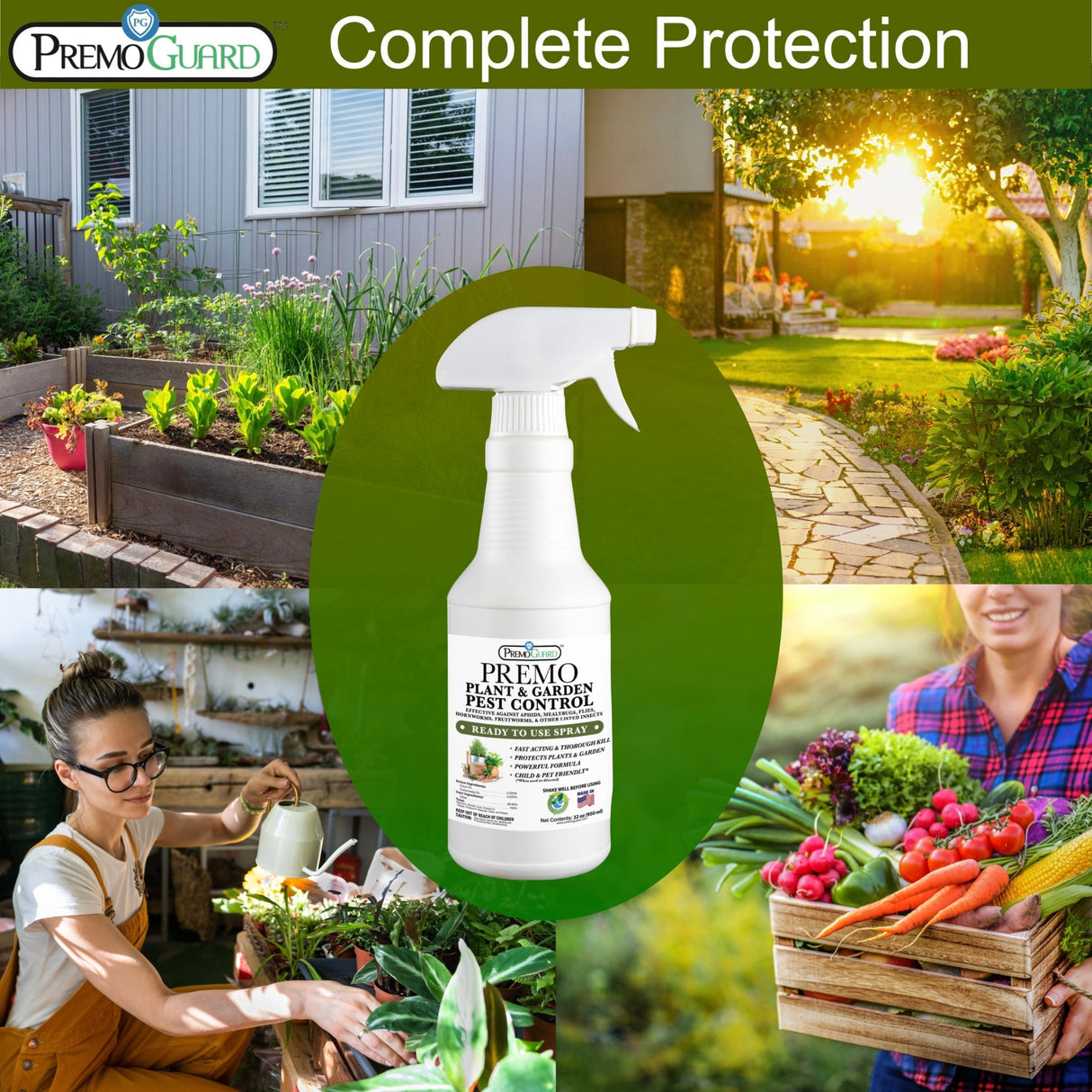 Hatching Time Premo. Plant and garden pest control bottle can be seen in image in the middle of a collage of yards.