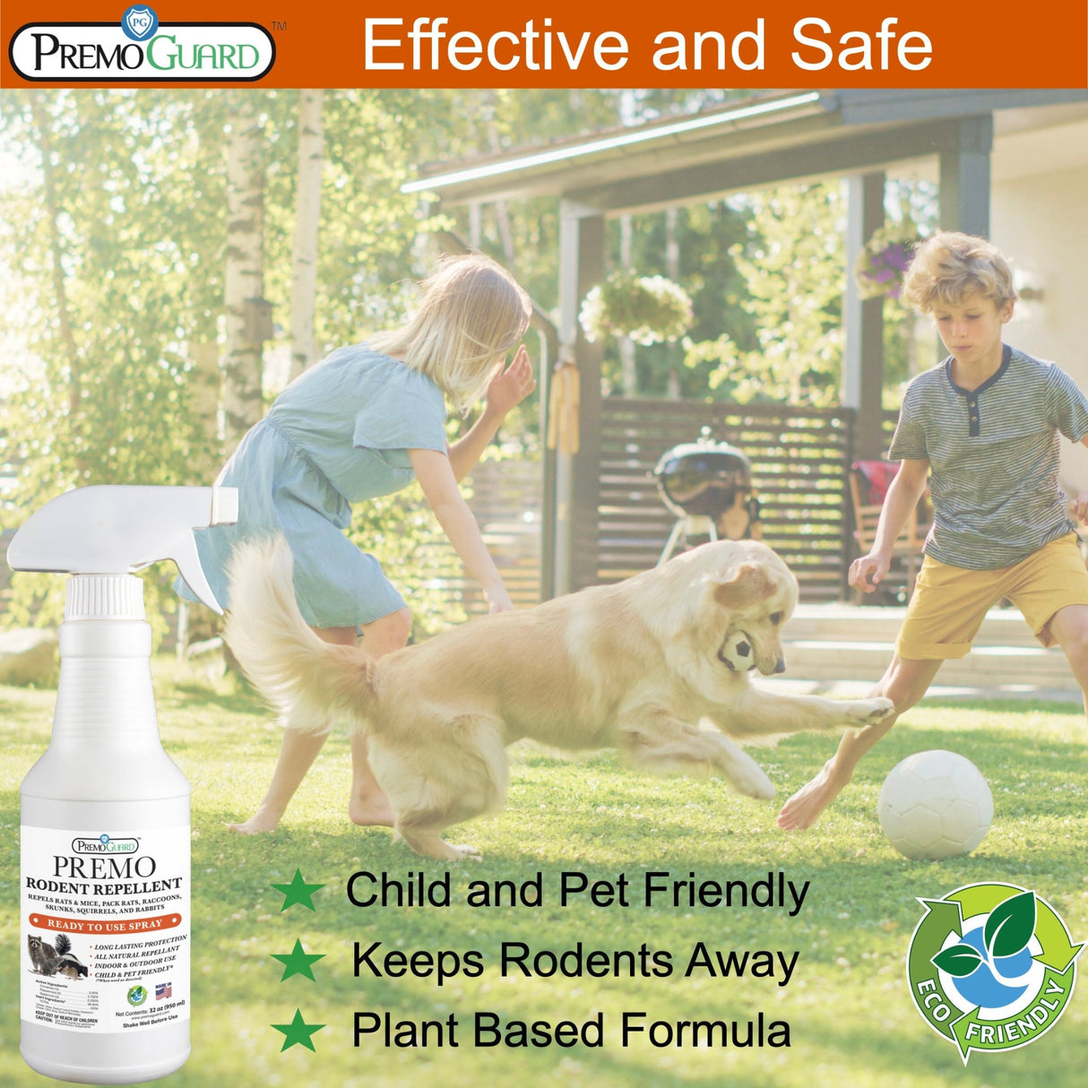 Hatching Time Premo. Rodent repellent bottle can be seen in front of kids and dog.