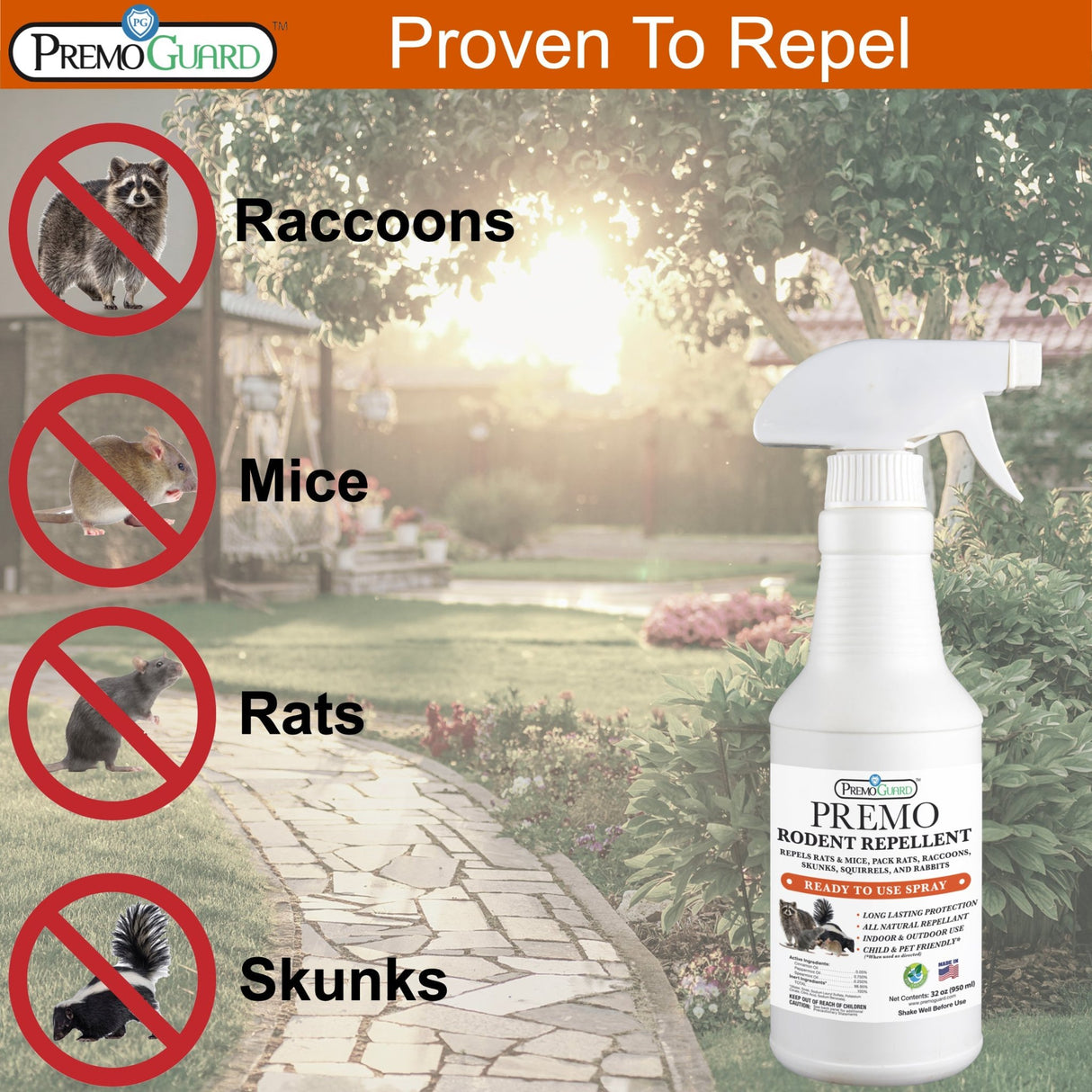 Hatching Time Premo Rodent repellent shows proven to repel raccoons, mice, rats and skunks.