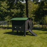 Hatching Time Nestera. Side view large  Lodge coop can be seen in image on grass. Coop has door open with automatic coop opener. Ramp is leading up to opening for easy chicken access. Roof of coop is slanted to prevent roosting.