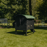 Hatching Time Nestera. Rear View Medium Lodge coop can be seen in image on grass. Roof of coop is slanted to prevent roosting.