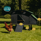 Hatching Time Nestera. Large lodge chicken coop can be seen on grass with a chicken by it. Infographic shows dimensions. 39.4 inches high, 54.5 inches wide, 31.5 inches deep, 8.86 inches ground clearance. Coop weighs 112 Pounds.