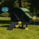 Hatching Time Nestera. Small lodge chicken coop can be seen on grass. Infographic shows dimensions of coop. 39.4 inches high, 35 inches wide, 22 inches deep, 8.85 inches ground clearance. Coop weighs 70 pounds.