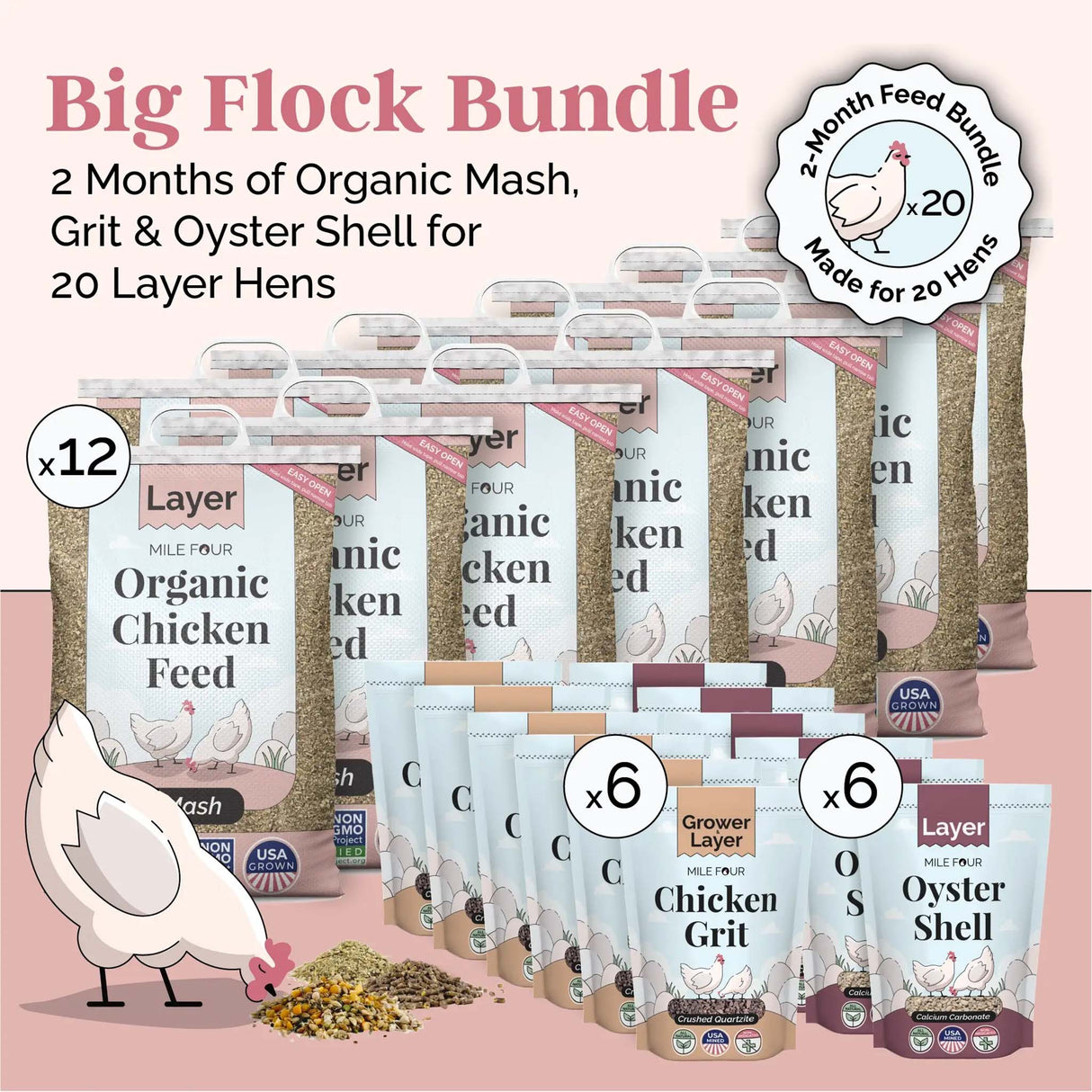 Mile Four Organic Mash Layer Chicken Feed Big Flock Bundle with oyster shell and chicken grit for up to 20 laying hens over approximately 2 months.