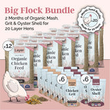 Mile Four Organic Mash Layer Chicken Feed Big Flock Bundle with oyster shell and chicken grit for up to 20 laying hens over approximately 2 months.