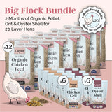 Mile Four Organic Pellet Layer Chicken Feed Big Flock Bundle with oyster shell and chicken grit for up to 20 laying hens over approximately 2 months.