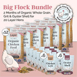 Mile Four Organic Whole Grain Layer Chicken Feed Big Flock Bundle with oyster shell and chicken grit for up to 20 laying hens over approximately 2 months.