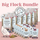 Mile Four Organic Layer Chicken Feed Big Flock Bundle including 12 bags of organic layer feed, 6 bags of oyster shell, and 6 bags of chicken grit for up to 20 laying hens.