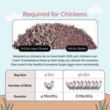 a phot of mile four grit for adults and baby chicks along with a bag size chart