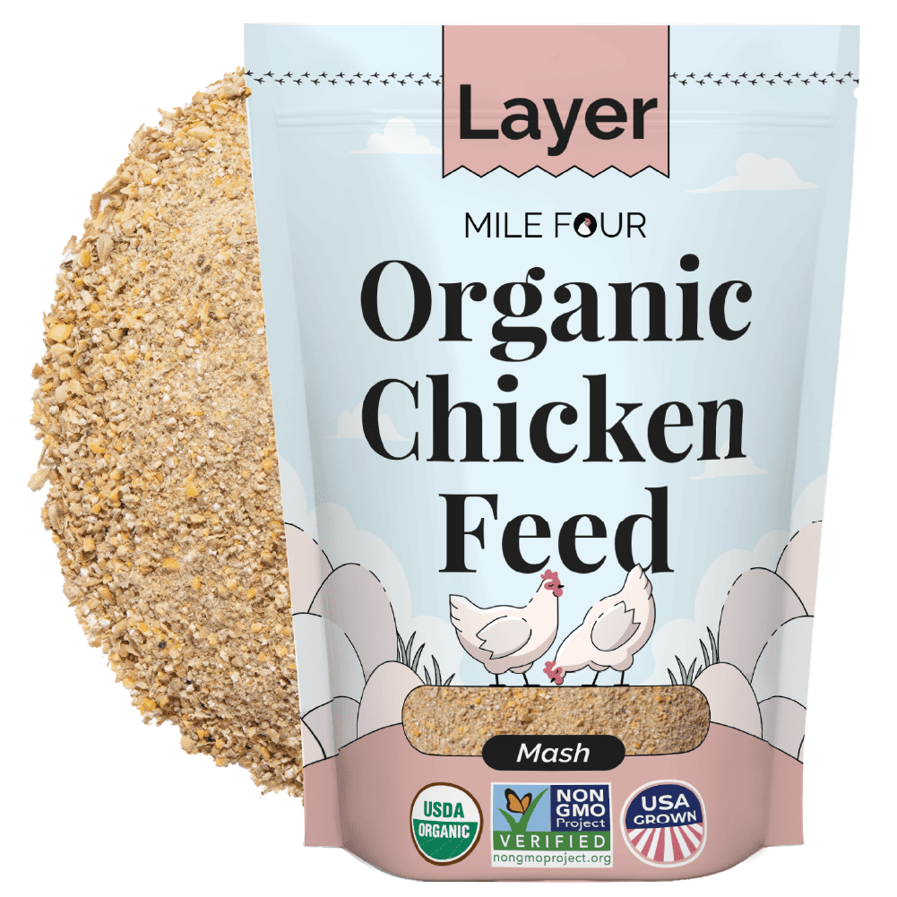a pack of Mile Four Layer Organic Chicken Feed Mash