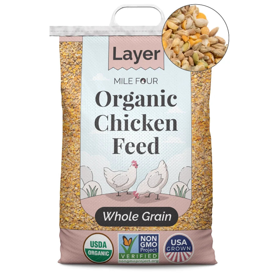 a bag of Mile Four Layer Organic Chicken Feed whole grain