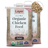 two large bags of Mile Four Layer Organic Chicken Feed pellets