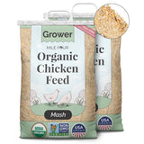 two large bags of Mile Four Organic Chicken Grower Feed mash
