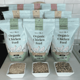 Mile Four Organic Chicken Grower Feed sampler peck bags in a row