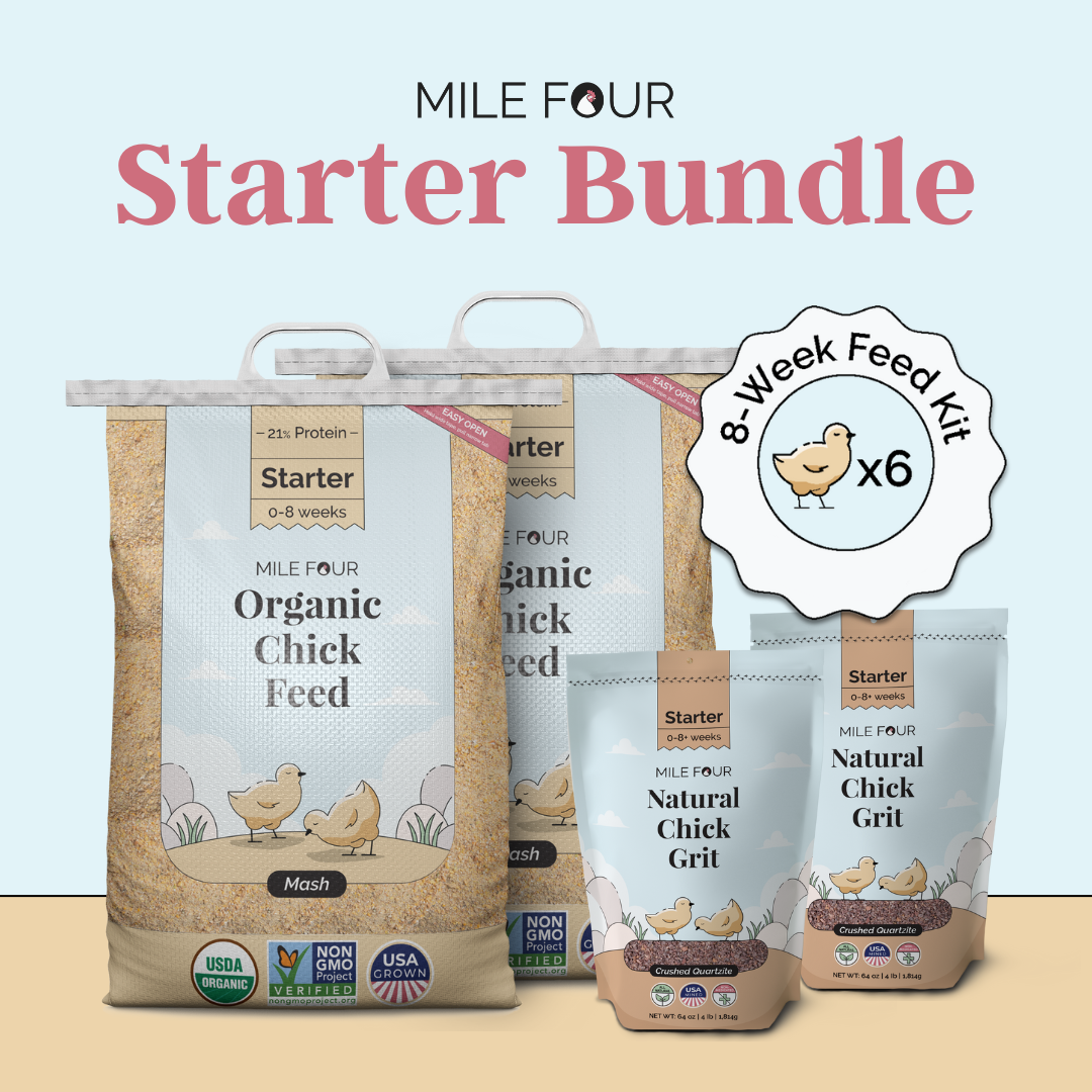 Two bags of mile four Organic Chick Feed and two bags of Mile Four Natural Chick Grit