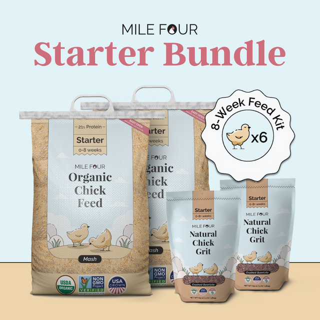 Two bags of mile four Organic Chick Feed and two bags of Mile Four Natural Chick Grit