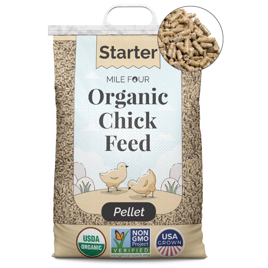 a large bag of Mile Four Starter Organic Chicken Feed pellet