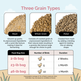 a comparison of the three types of Mile Four Starter Organic Chicken Feed Mash Whole Grain and Pellet