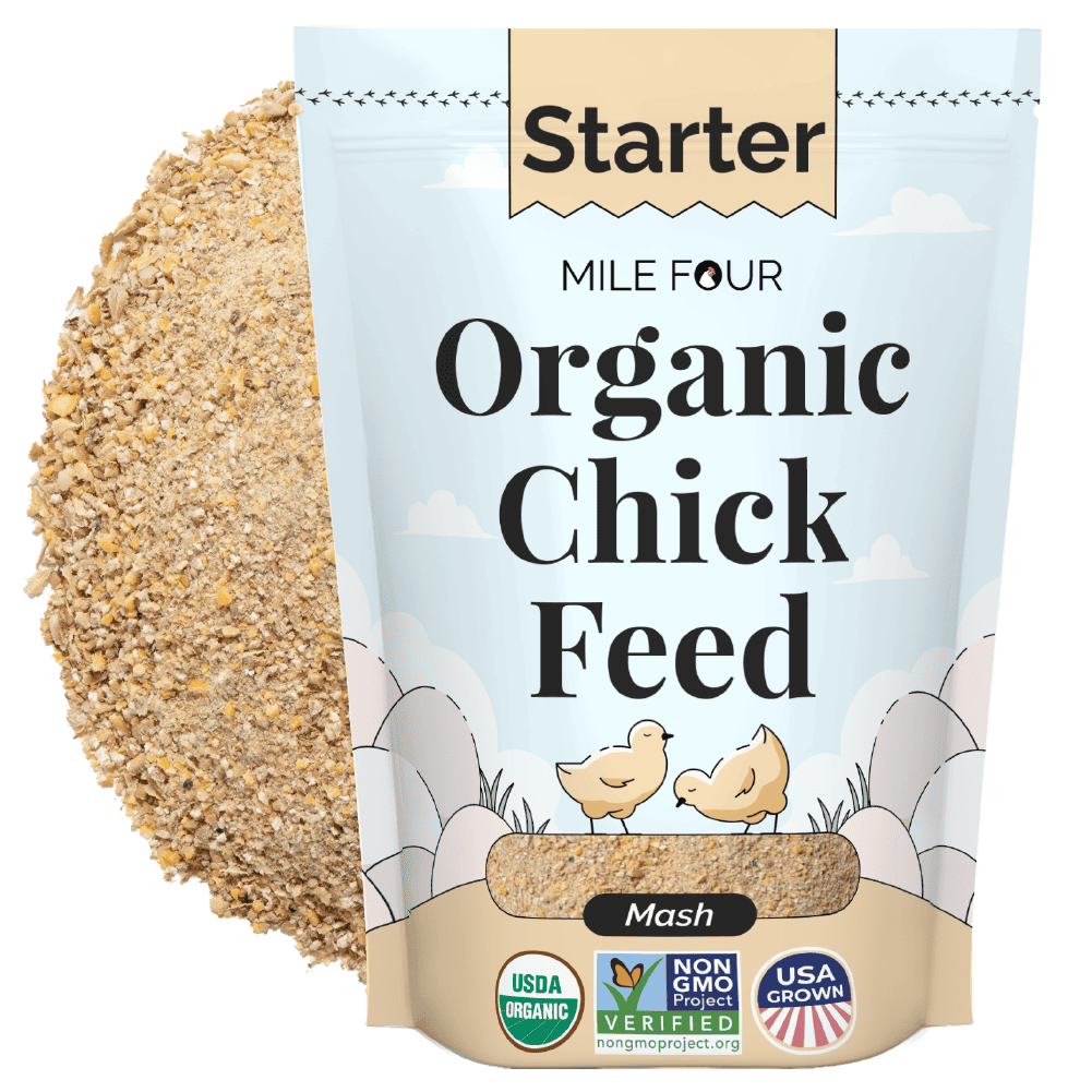 a bag of Mile Four Starter Organic Chicken Feed Mash