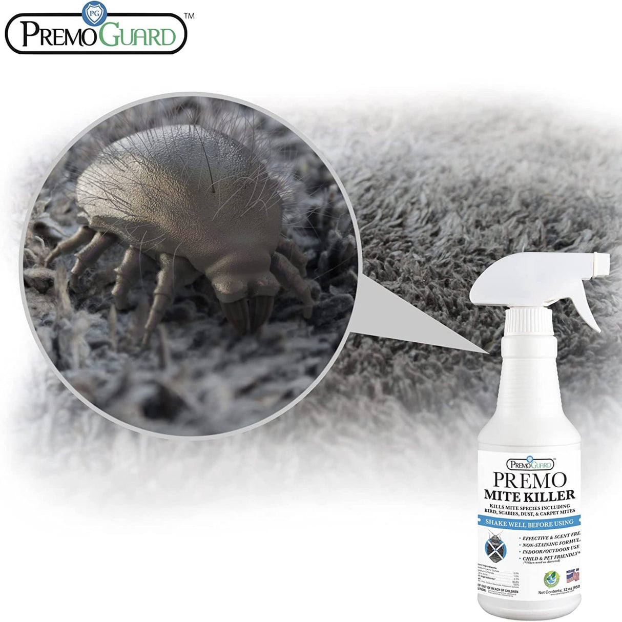 Hatching Time Premo. Mite killer can be seen in front of carpet with enlarged image of dust mite to show usefulness.