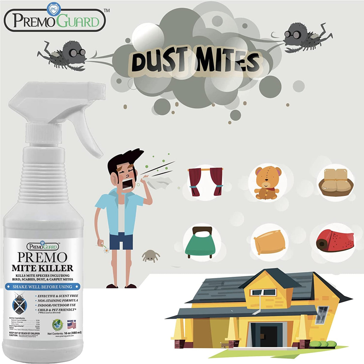 Hatching Time Premo. Mite killer can be seen in front of cartoon infographic to show effectiveness against dust mites.